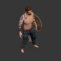 Barefoot Bearded Male Warrior With Tattooed Arms Holding Axe And Shield In Plaid Pants