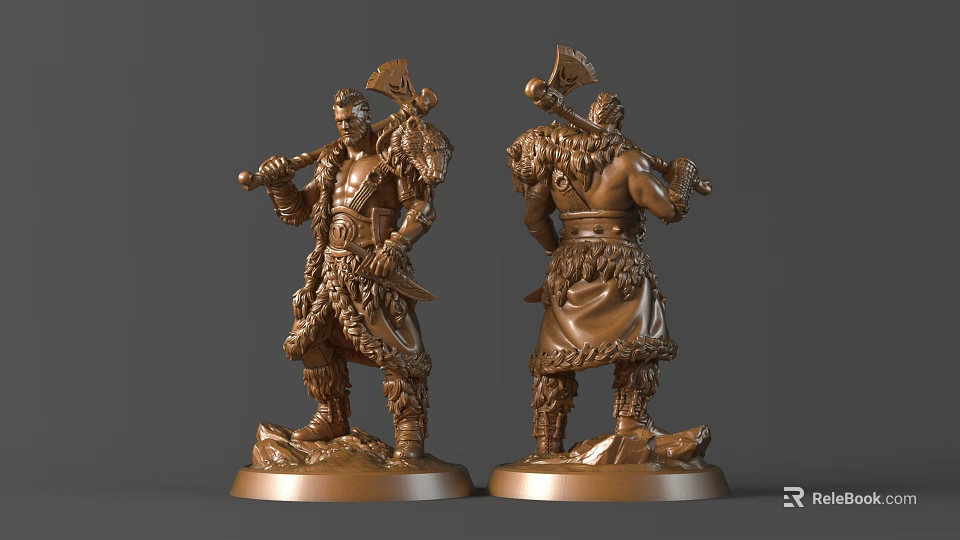 Bronze Warrior Sculpture Carving Featuring Ornate Clothing Axe Weapon Front Back Views 3d model 