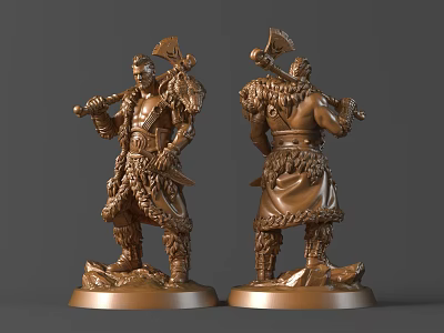 Bronze Warrior Sculpture Carving Featuring Ornate Clothing Axe Weapon Front Back Views 3d model