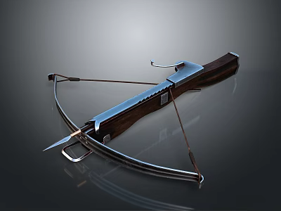 Tactical Metal And Wooden Crossbow With Bow String Arrow On Reflective Surface 3d model