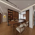 Warm Modern Open Dining and Living Room With Custom Wood Cabinets and Cozy Dining Set