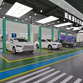 Modern Automobile Service Workshop Layout With Green Floor Multiple Vehicles And Circular Equipment