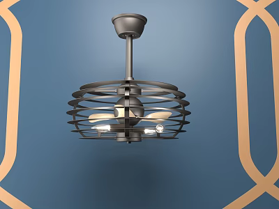 Modern Metal Circular Chandelier With Layered Ring Structure On Blue Wall With Gold Decorative Lines 3d model