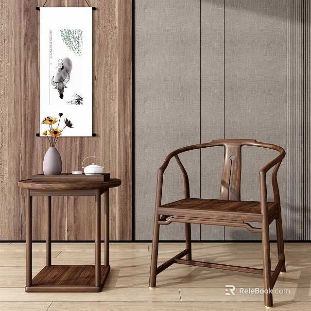 Traditional Chinese Wooden Armchair with Side Table Vase Flowers Tea Set and Decorative Painting 3d model 