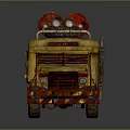 Vintage Yellow Truck With Red Gas Tanks On Roof And Worn Tires