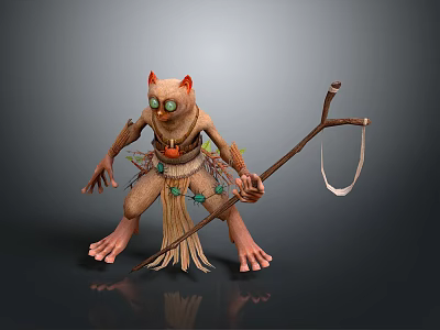 Mystical Creature With Cat Like Head Green Eyes Red Ears Holding Staff And Decorative Outfit 3d model
