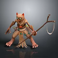 Mystical Creature With Cat Like Head Green Eyes Red Ears Holding Staff And Decorative Outfit
