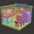 Cartoon Kitchen Scene With Green Vines Window Blinds Sink Cabinets Purple Refrigerator Table And Chair