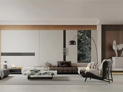 Modern Living And Dining Room Interior With Sofa Coffee Table Floor Lamp And Marble Wall 3d model