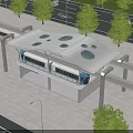 Modern Tram Platform With Unique Covered Roof And Green Trees Along Road