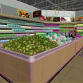 Supermarket Grocery Well Organized Fresh Fruits Display with Shelves and Products