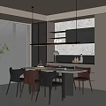Modern Restaurant Interior With Open Kitchen Marble Dining Table Multi Colored Chairs And Pendant Lights 3d model