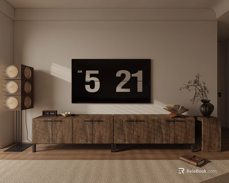 Modern Wooden TV Stand with Cabinets TV Mounted Above Floor Speakers and Decorative Items 3d model 
