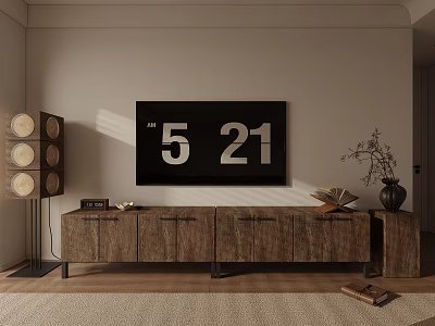Modern Wooden TV Stand with Cabinets TV Mounted Above Floor Speakers and Decorative Items 3d model