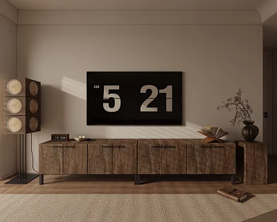 Modern Wooden TV Stand with Cabinets TV Mounted Above Floor Speakers and Decorative Items 3d model