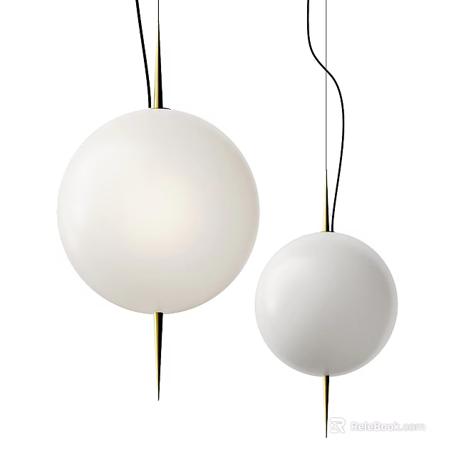 Two Modern White Round Pendant Lights With Black Cords And Gold Accents 3d model 