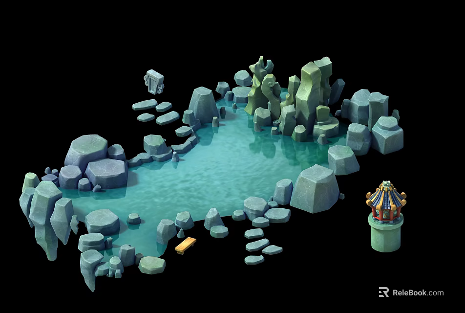 Scenic Rocky Water Area With Surrounding Stones And Colorful Striped Tower 3d model 