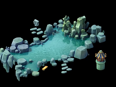 Scenic Rocky Water Area With Surrounding Stones And Colorful Striped Tower 3d model