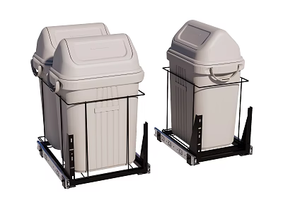 Kitchen Cabinet With Built In Gray Trash Bins On Black Metal Stands 3d model