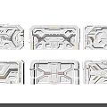 Six Gray Tech Style Rectangular Panels With Intricate Mechanical Geometric Patterns 3d model