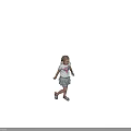 Young Girl In White T-shirt With Pink Cartoon And Gray Ruffled Skirt Against Black Background