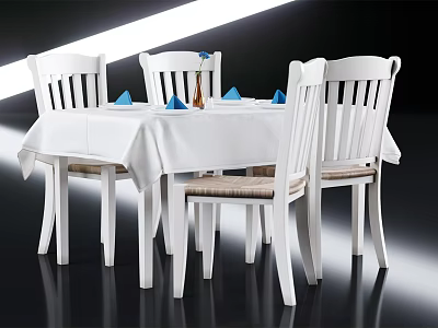 White Dining Table Set With White Tablecloth Blue Napkins Decorative Bottle And Slat Back Chairs 3d model