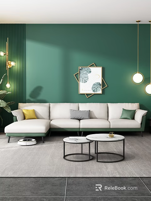Multi Person Sofa In Cream With Green Accents And Decorative Cushions Against Green Wall 3d model 