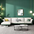 Multi Person Sofa In Cream With Green Accents And Decorative Cushions Against Green Wall