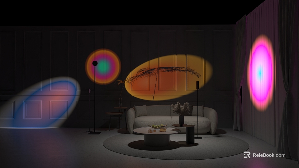 Modern Room Lighting Combinations With Colorful Light Projections And Sofa Area 3d model 