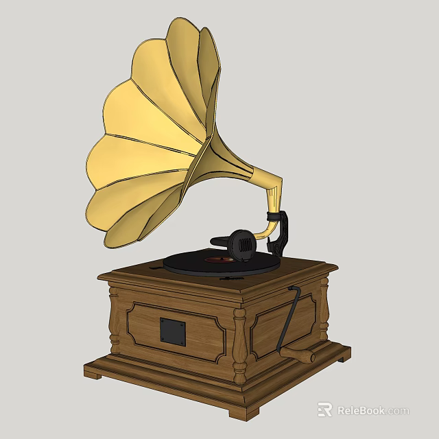 Vintage Gramophone Audio System Featuring Golden Horn And Wooden Ornate Cabinet 3d model 