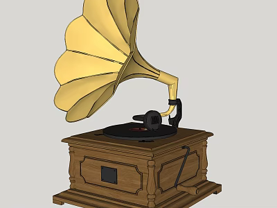 Vintage Gramophone Audio System Featuring Golden Horn And Wooden Ornate Cabinet 3d model