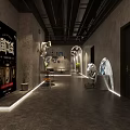Interior Exhibition Space With Bookshelves Hanging Clothes Projected Moon Yellow Circular Design And Wall Text
