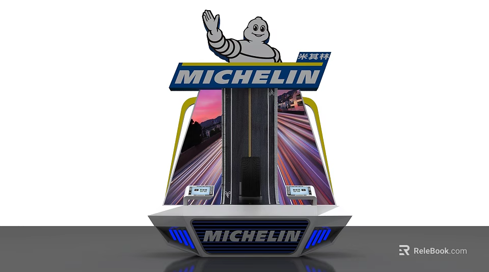 Michelin Display Stand Featuring Waving Michelin Man And Race Track Design 3d model 