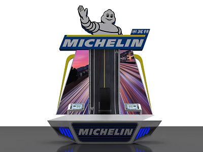 Michelin Display Stand Featuring Waving Michelin Man And Race Track Design 3d model