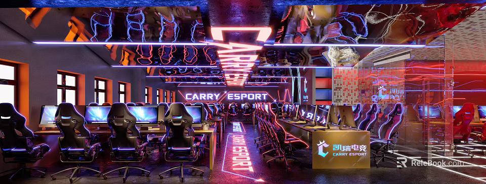 Modern Esports Gaming Cafe With Neon Lights High End Computers And Gaming Chairs 3d model 