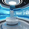 Interactive Display Area With Curved Screens White Circular Platform And Blue Background 3d model