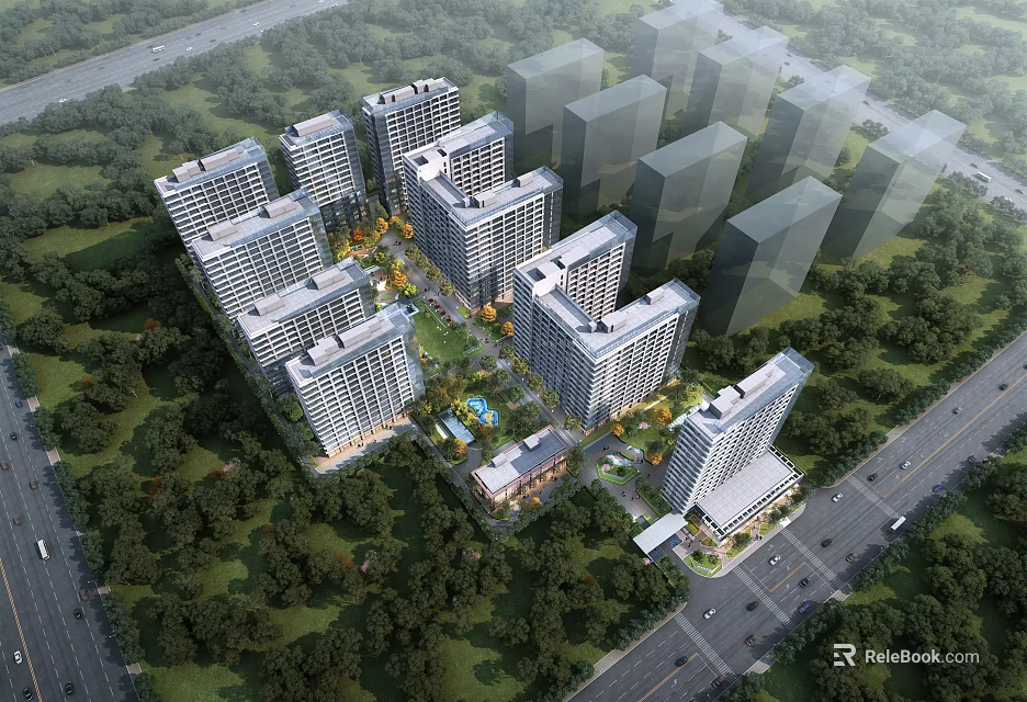 Bird's Eye View Planning of Modern Residential Community Featuring High Rise Buildings Green Spaces and Roads 3d model 