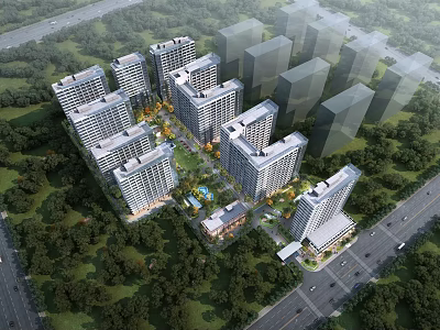 Bird's Eye View Planning of Modern Residential Community Featuring High Rise Buildings Green Spaces and Roads 3d model