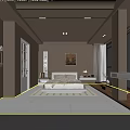 Modern Cozy Bedroom Interior With Wooden Bed Nightstand Decorative Painting Table Lamp And Curtains