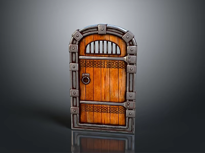 Decorative Wooden Door With Metal Frame Rivets Carved Patterns And Top Arched Window In Medieval 3d model