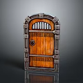 Decorative Wooden Door With Metal Frame Rivets Carved Patterns And Top Arched Window In Medieval