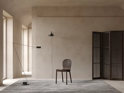 Single Chair in Minimalist Interior with Floor Lamp Gray Rug Louvered Doors and Natural Light 3d model