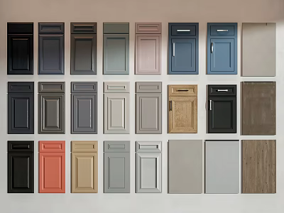 Various Colored Wardrobe Doors With Different Designs On Display Wall 3d model