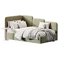 Modern Kids Bed With Upholstered Headboard Pastel Colors Striped Pillows And Soft Blanket