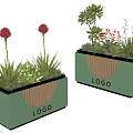 Modern Bonsai Potted Plants in Green Planters with Wooden Strips Logo and Red Flowers