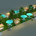 Vibrant Commercial Street With Colorful Stalls Green Trees And Blue Umbrellas