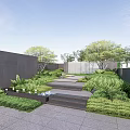 Modern Courtyard Feature Wall With Lush Green Plants Stone Steps And Trees 3d model