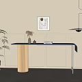 Modern Blue Desk With Beige Striped Legs Dry Flowers Open Book In Light Paneled Room