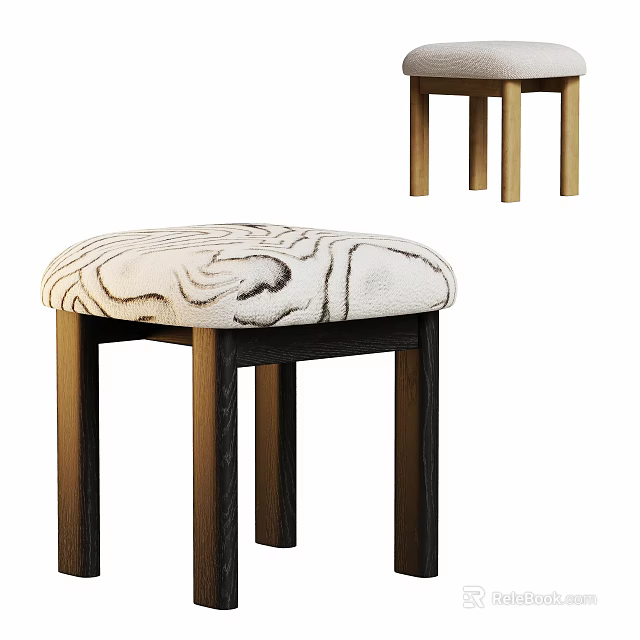 Modern Upholstered Stool With Curved Patterned Seat And Dark Wooden Legs 3d model 