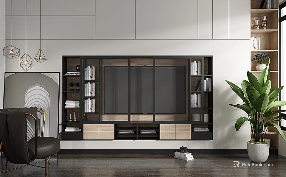 Sleek Modern TV Entertainment Center With Built in Bookshelves And Storage Compartments 3d model 